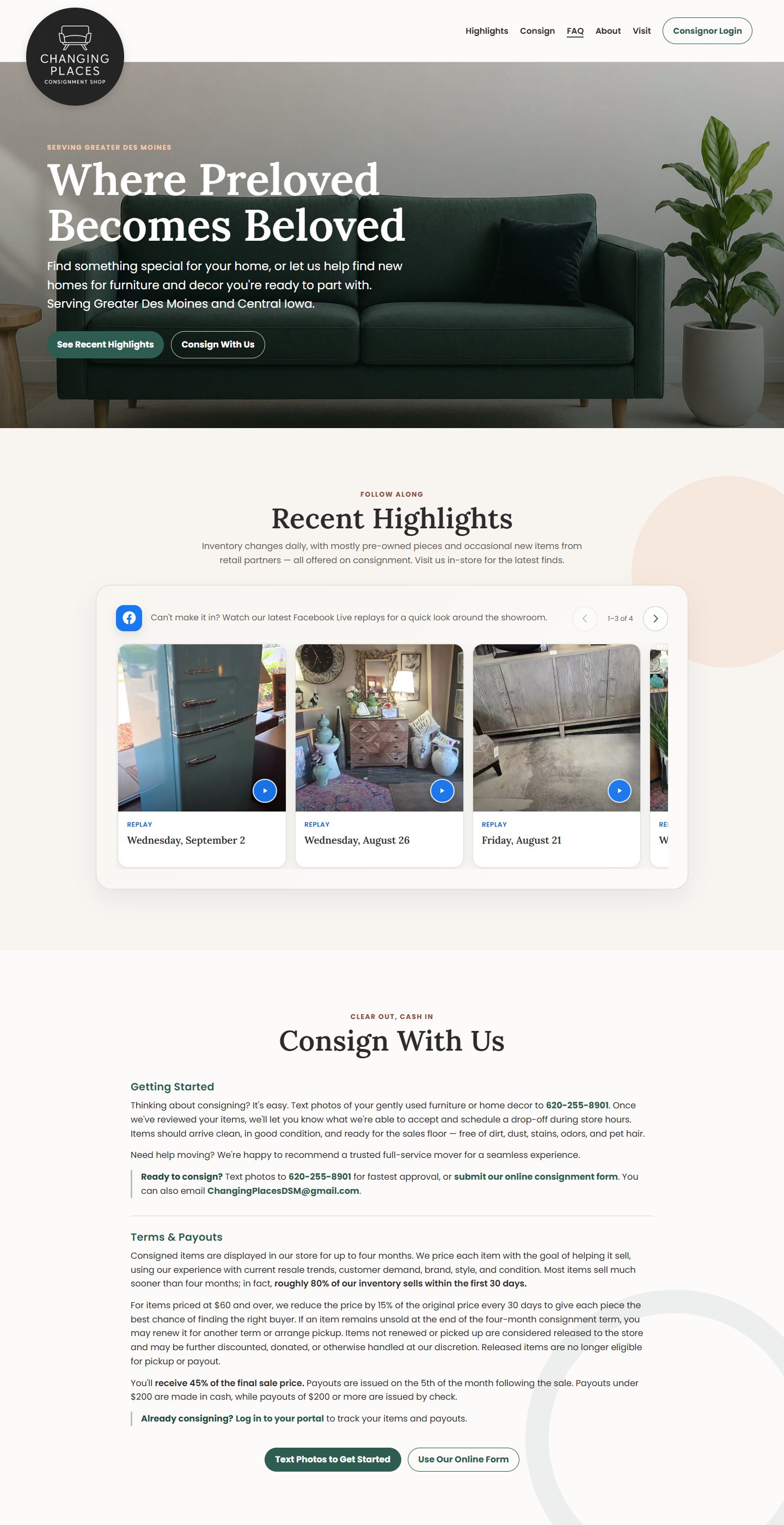Desktop pages of the Changing Places website, from the showroom introduction to recent store highlights