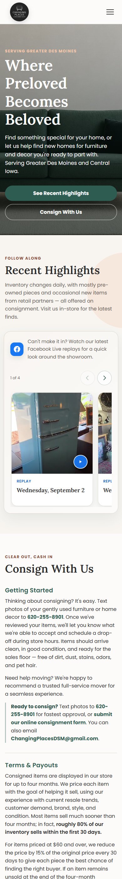 Changing Places on a phone, with shopping and consignment links followed by store highlights